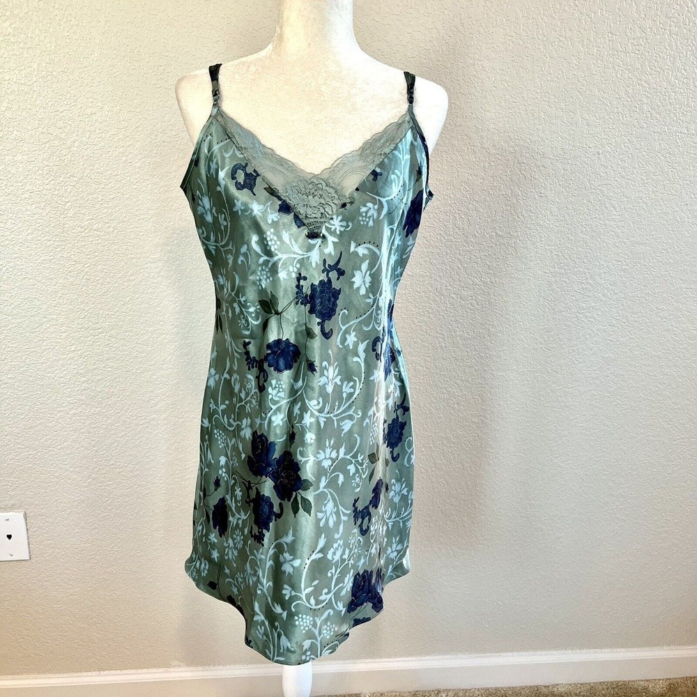 Vintage Satin Nightgown Large Blue Slip Dress Expressions by California Dynasty